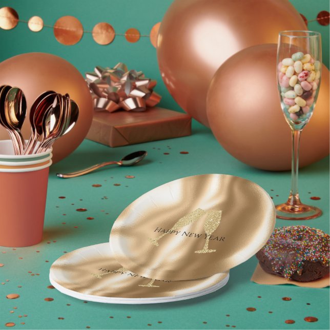 Gold Diamond Sparkle Champagne Glasses New Year's Paper Plates (Multi)