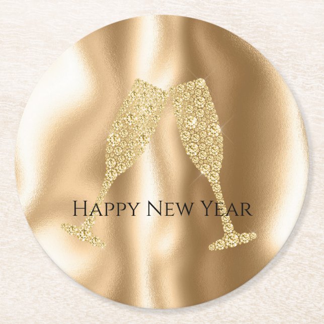 Gold Diamond Sparkle Champagne Glasses New Year's Round Paper Coaster (Front)