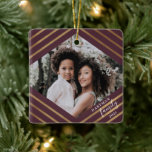 Gold Diamond Stripes Burgundy 2 Photo Christmas Ceramic Ornament<br><div class="desc">This stylish,  modern photo Christmas ornament features a faux gold foil stripes diamond shaped frame and photo templates on both the front and back. Easy to personalize! For design or product inquiries,  please feel free to contact me (Tracey) at orabellaprints@outlook.com.</div>