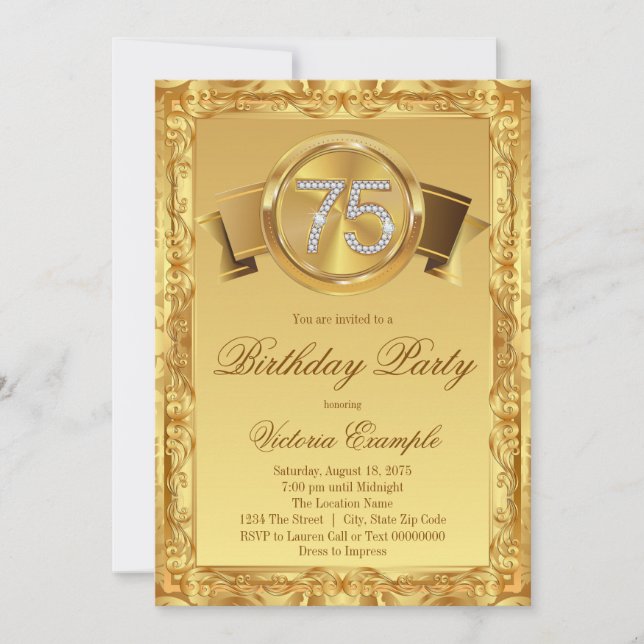 Gold Diamond Swirl Womans 75th Birthday Invitation (Front)