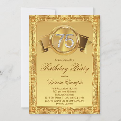Gold Diamond Swirl Womans 75th Birthday Invitation