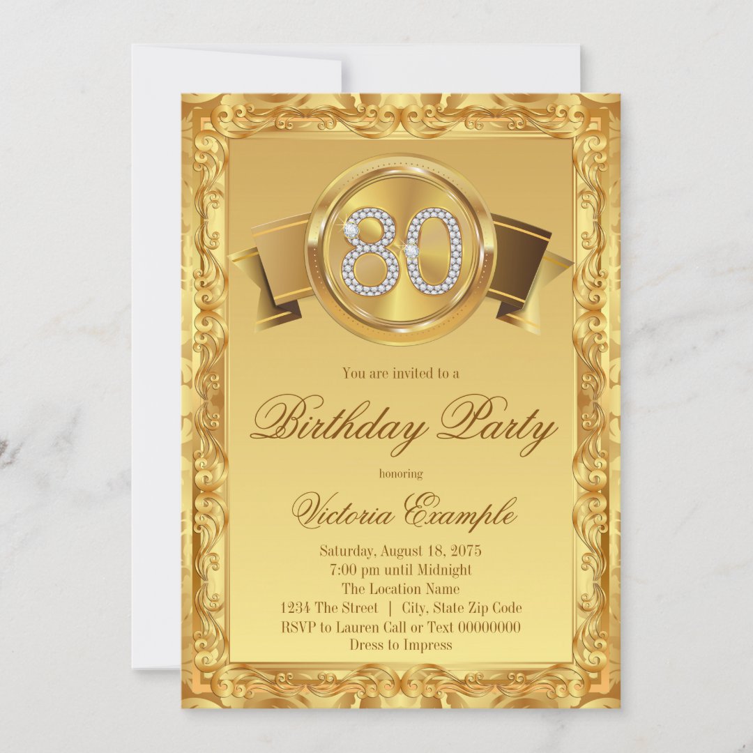 Gold Diamond Swirl Womans 80th Birthday Invitation | Zazzle