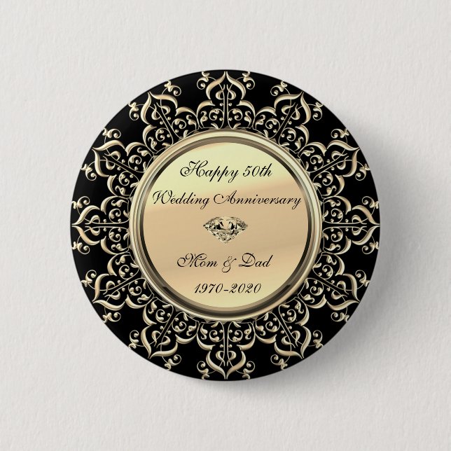 Gold Diamond Swirls Black 50th Wedding Anniversary Button (Front)