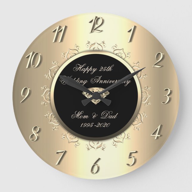 Gold Diamond Swirls Gold 25th Wedding Anniversary Large Clock (Front)