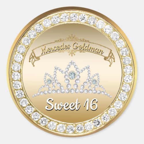 Gold  Diamond Tiara Princess Sweet 16 Birthday Classic Round Sticker