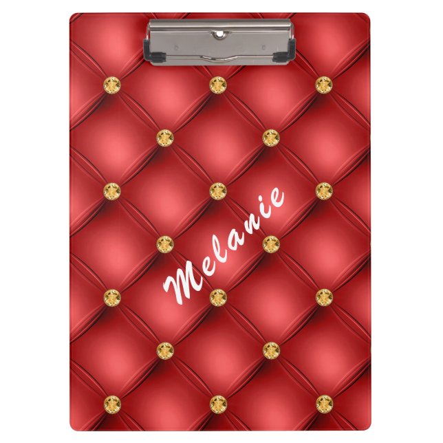 Gold Diamond Tufted Custom Text Red Clipboard (Front)
