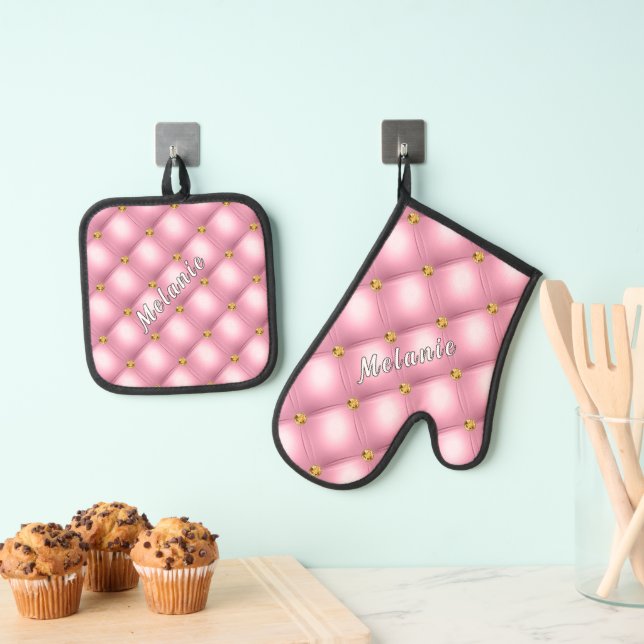 Gold Diamond Tufted Custom Your Name Pink Oven Mitt & Pot Holder Set (Insitu(Hanging))