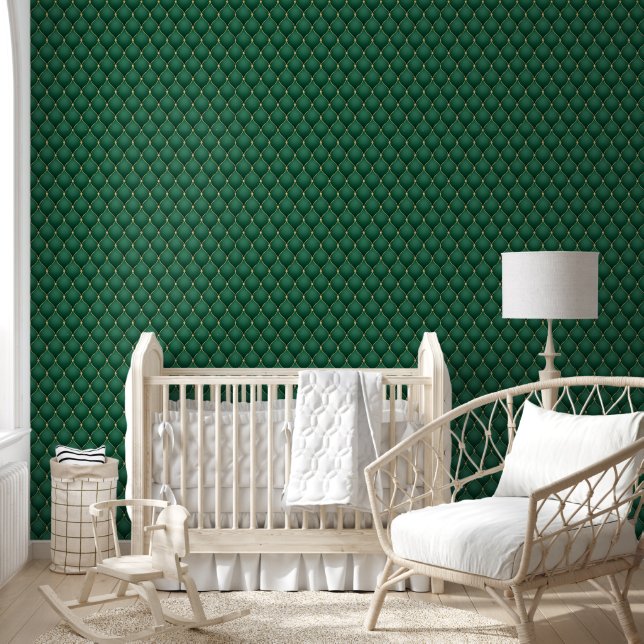 Gold Diamond Tufted Dark Emerald Green Wallpaper (Kids)