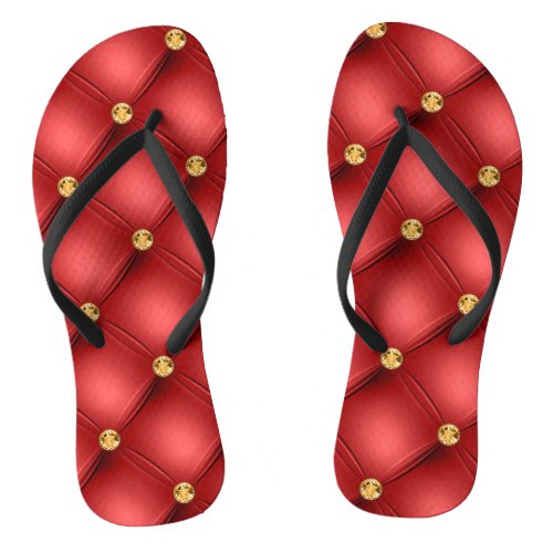 Gold Diamond Tufted Leather Red Flip Flops