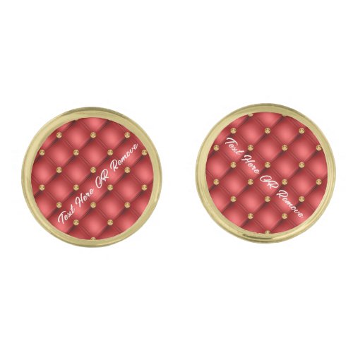 Gold Diamond Tufted Leather Text Red Cufflinks