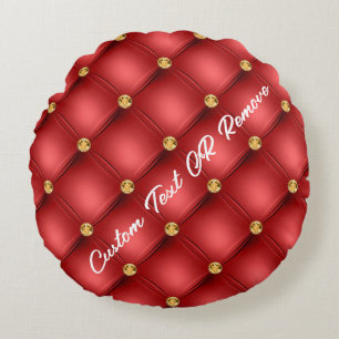 Gold Diamond Tufted Leather Your Text Name Red Round Pillow