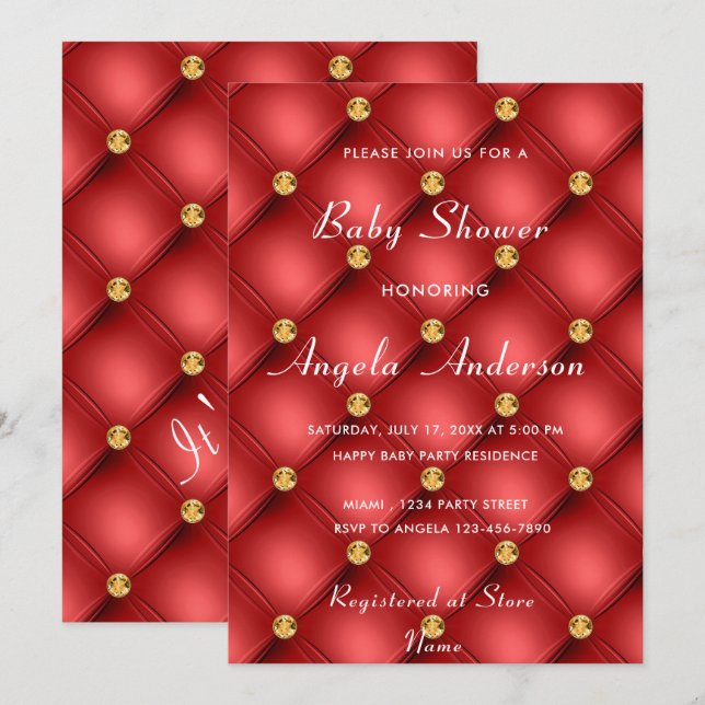 Gold Diamond Tufted Red Baby Boy Shower Invitation (Front/Back)