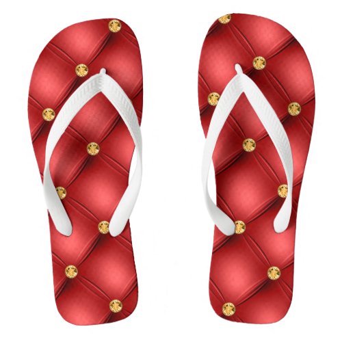 Gold Diamond Tufted Red Leather Flip Flops