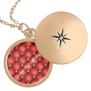 Gold Diamond Tufted Red Leather Text Name Necklace