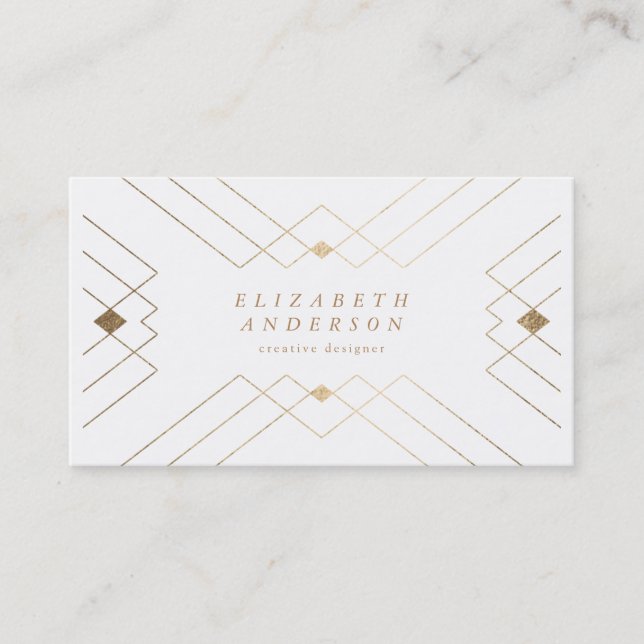 Gold Diamond White Geometric Deco Gatsby Business Card (Front)