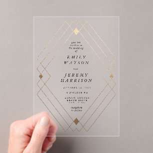 Gold Diamond White Geometric Deco Gatsby Wedding Acrylic Invitations