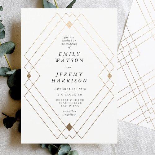 Gold Diamond White Geometric Deco Gatsby Wedding Invitation