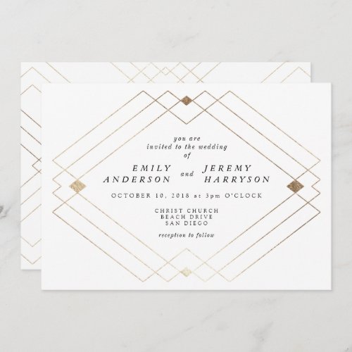 Gold Diamond White Geometric Deco Gatsby Wedding Invitation