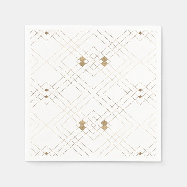 Gold Diamond White Geometric Deco Gatsby Wedding Napkins (Front)