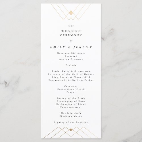 Gold Diamond White Geometric Deco Gatsby Wedding Program