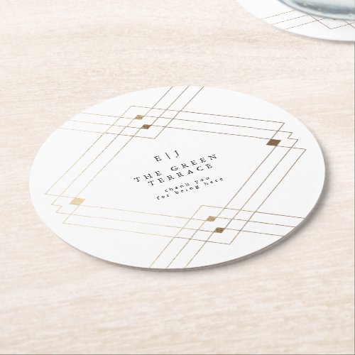 Gold Diamond White Geometric Deco Gatsby Wedding Round Paper Coaster