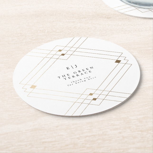 Gold Diamond White Geometric Deco Gatsby Wedding Round Paper Coaster (Angled)