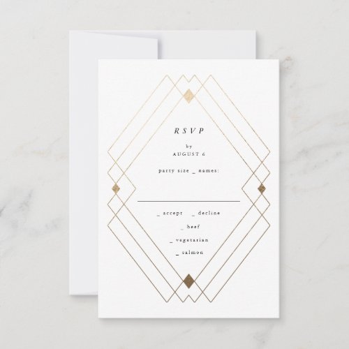 Gold Diamond White Geometric Deco Gatsby Wedding RSVP Card
