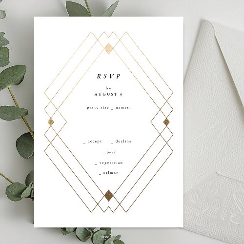 Gold Diamond White Geometric Deco Gatsby Wedding RSVP Card