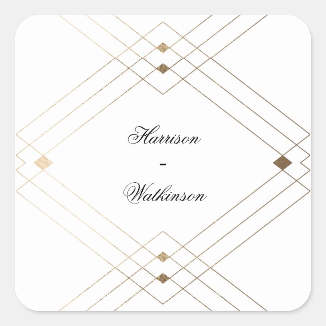 Gold Diamond White Geometric Deco Gatsby Wedding Square Sticker (Front)