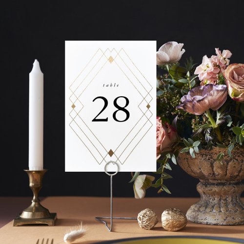 Gold Diamond White Geometric Deco Gatsby Wedding Table Number