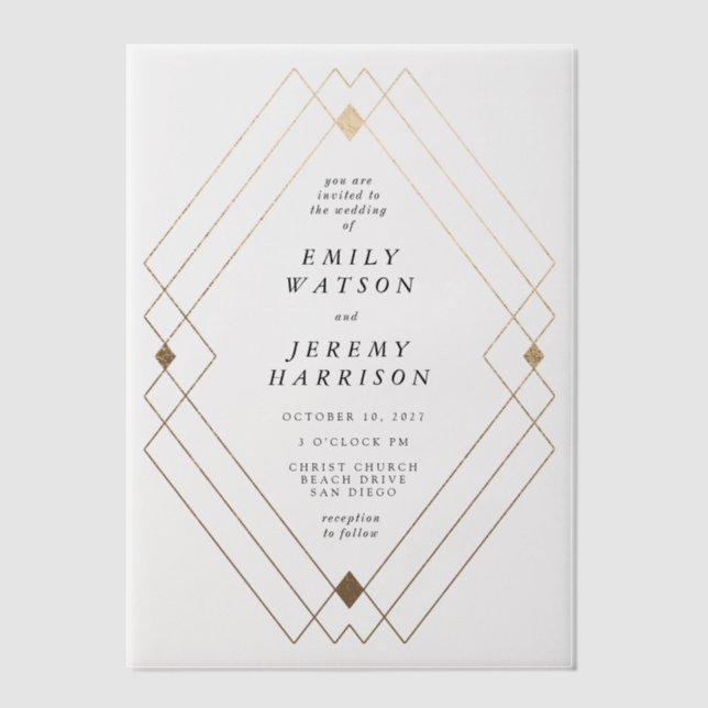 Gold Diamond White Geometric Deco Gatsby Wedding Vellum Invitations (Front)