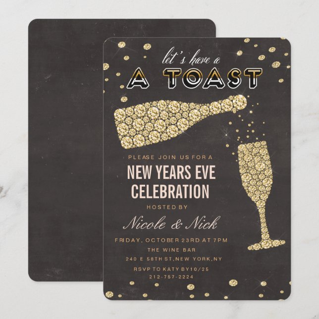 Gold Diamond Wine Glass New Years Eve Invitation (Front/Back)