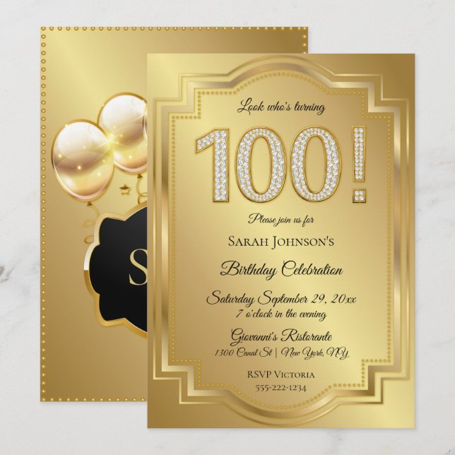 Gold & Diamonds 100th Birthday Anniversary Invitation (Front/Back)