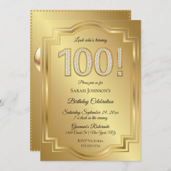 Gold & Diamonds 100th Birthday Anniversary Invitation by HydrangeaBlue at Zazzle
