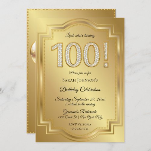 Gold  Diamonds 100th Birthday Anniversary Invitation
