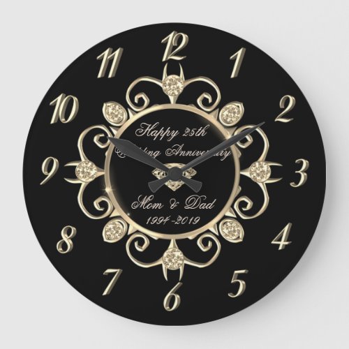 Gold Diamonds 25th Wedding Anniversary Large Clock