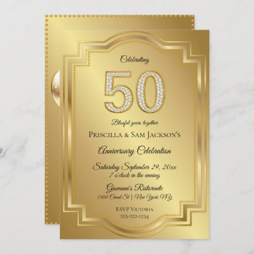 Gold  Diamonds 50th Birthday Anniversary Invitation