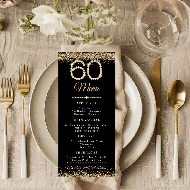 Gold Diamonds 60th Birthday Dinner Flat Menu | Zazzle