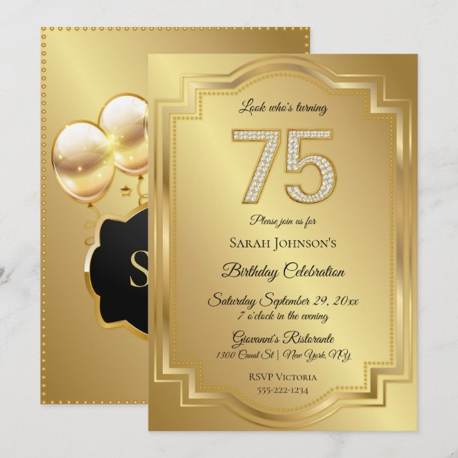 Gold & Diamonds 75th Birthday Anniversary Invitation (Front/Back)