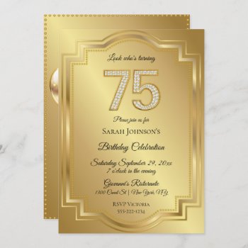 Gold & Diamonds 75th Birthday Anniversary Invitation by HydrangeaBlue at Zazzle