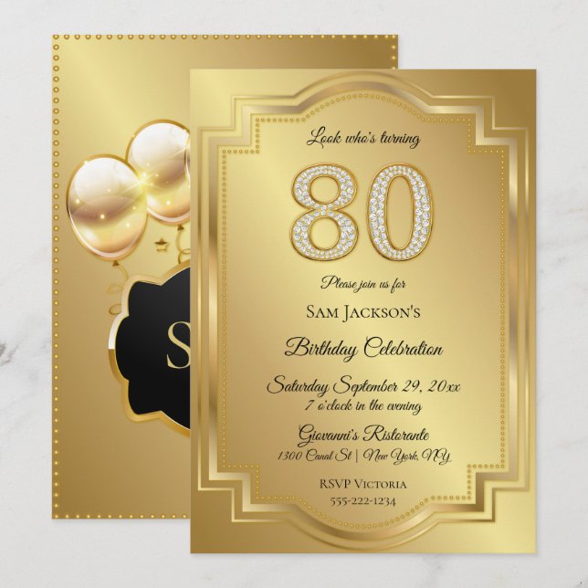 Gold & Diamonds 80th Birthday Anniversary Invitation (Front/Back)
