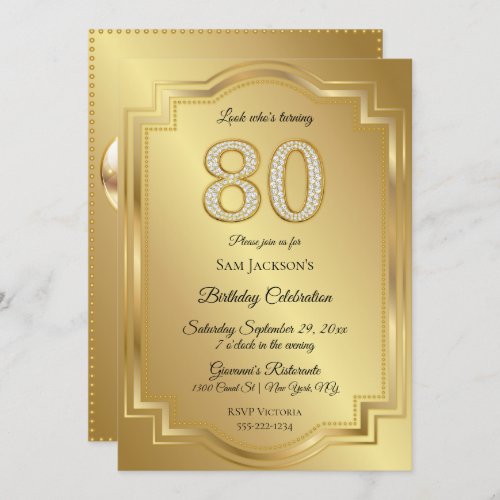 Gold  Diamonds 80th Birthday Anniversary Invitation