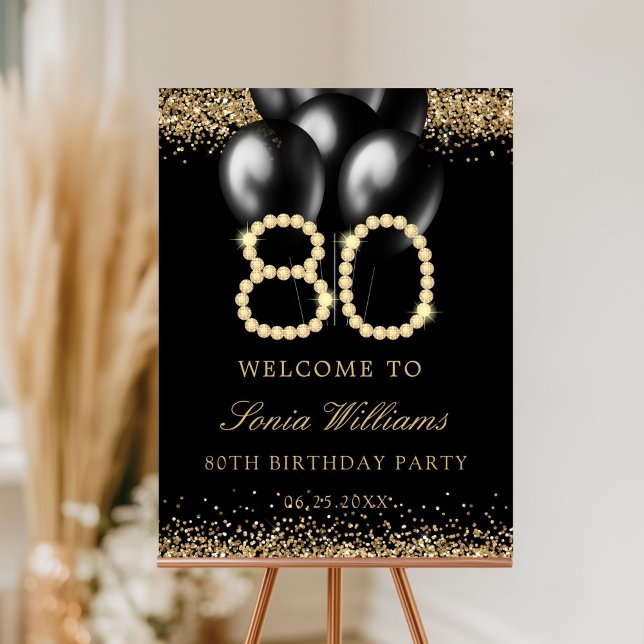 Gold Diamonds 80th Birthday Party Welcome Sign (Black and gold 80th Birthday party welcome sign)