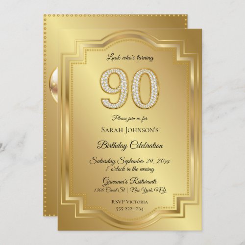 Gold  Diamonds 90th Birthday Anniversary Invitation