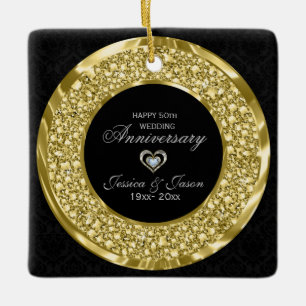 Gold Diamonds And Black Damask. 50th Anniversary Ceramic Ornament
