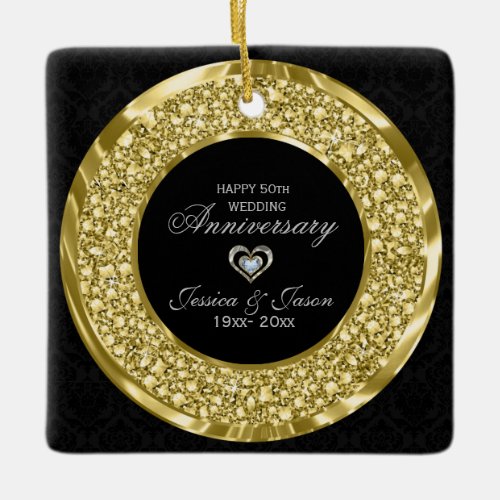 Gold Diamonds And Black Damask 50th Anniversary Ceramic Ornament