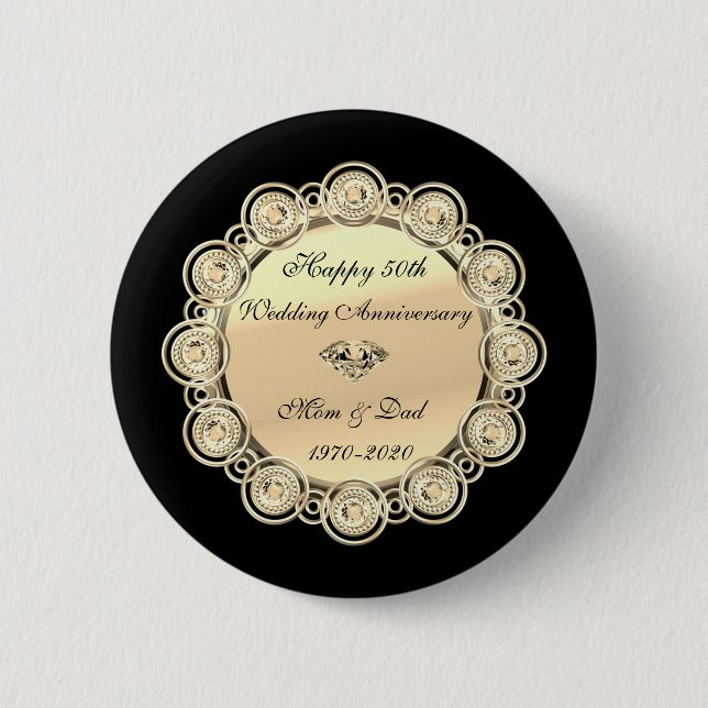 Gold Diamonds Black  50th Wedding Anniversary Button (Front)