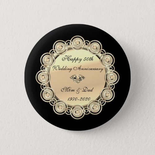 Gold Diamonds Black  50th Wedding Anniversary Button