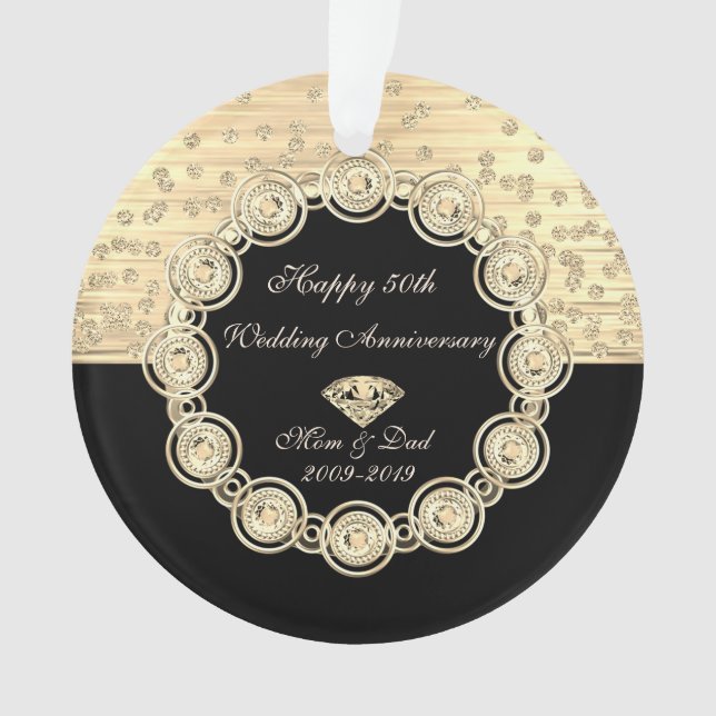 Gold Diamonds Black Chic 50th Wedding Anniversary Ornament (Front)