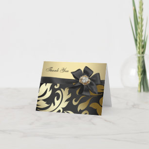 Gold Diamonds Black Damask Thank You Cards